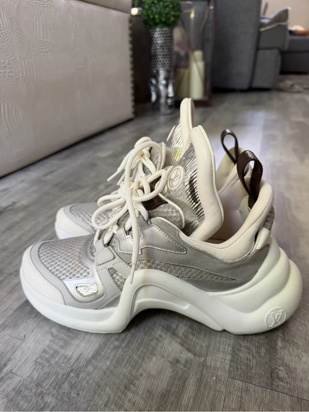 Louis Vuitton White and Silver Sneakers with White and Iridescent Box Bag